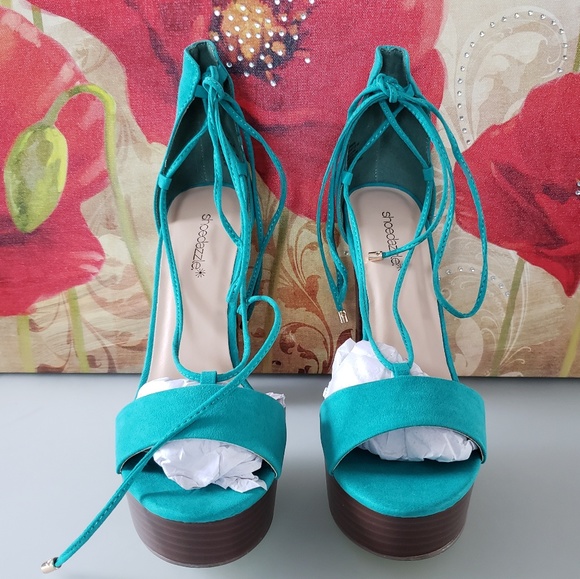 Green Strappy Sandals Heels Size 9 New wooden heel - Picture 3 of 6